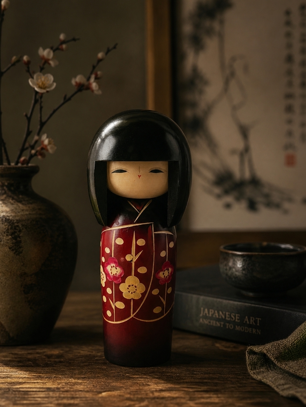 Vintage Japanese Kokeshi Doll 6.5” Red & Gold Floral | Hand Painted Wooden